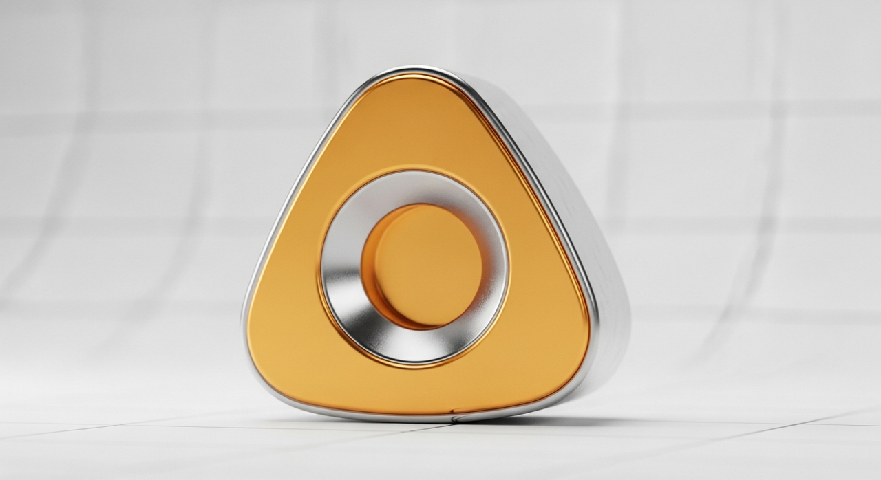 A small, rounded triangular prism with a central circular depression, on a grid.