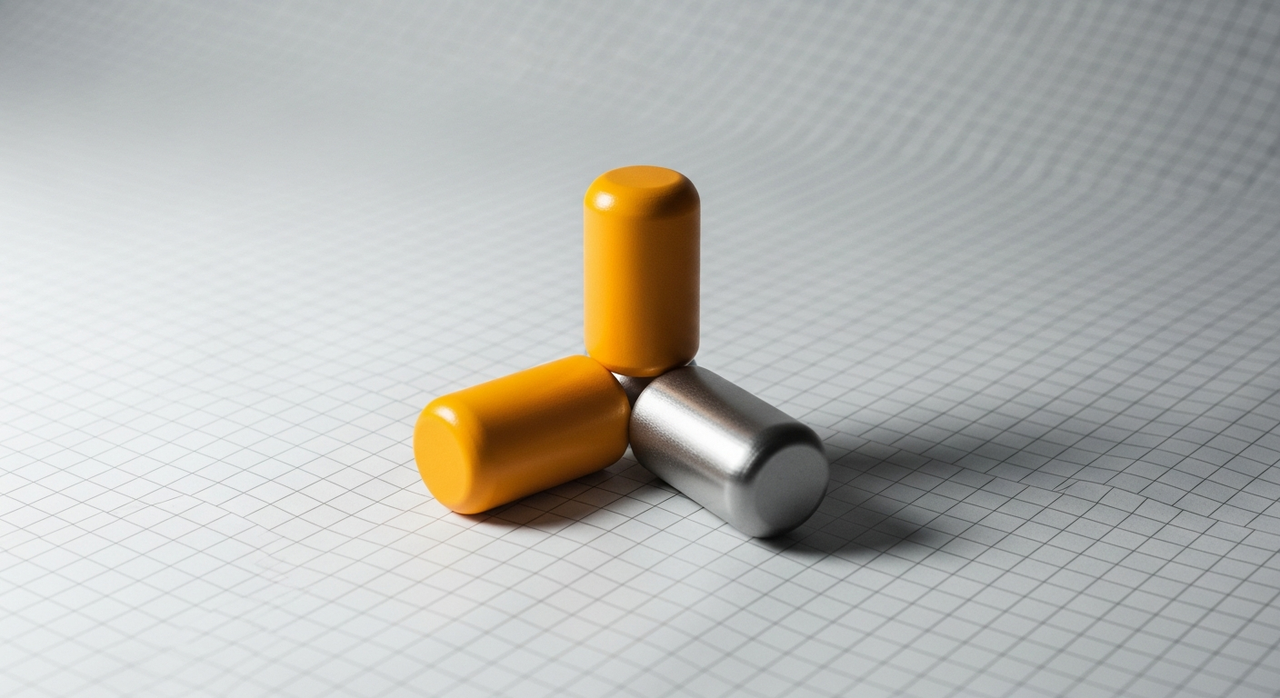 Three small, rounded cylindrical shapes arranged in a triangle on a grid.