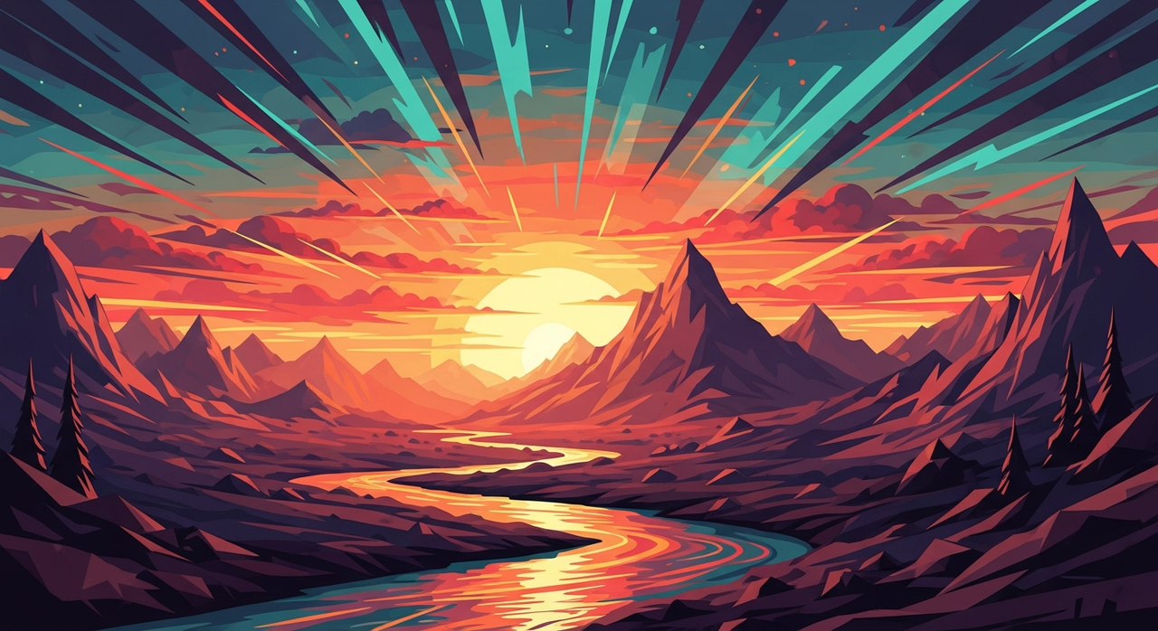 Majestic mountains under a vibrant sunset, with a winding river in the foreground.