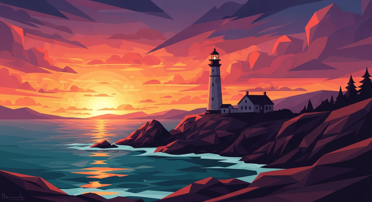 An ancient lighthouse standing tall on a rocky coastline at sunset.