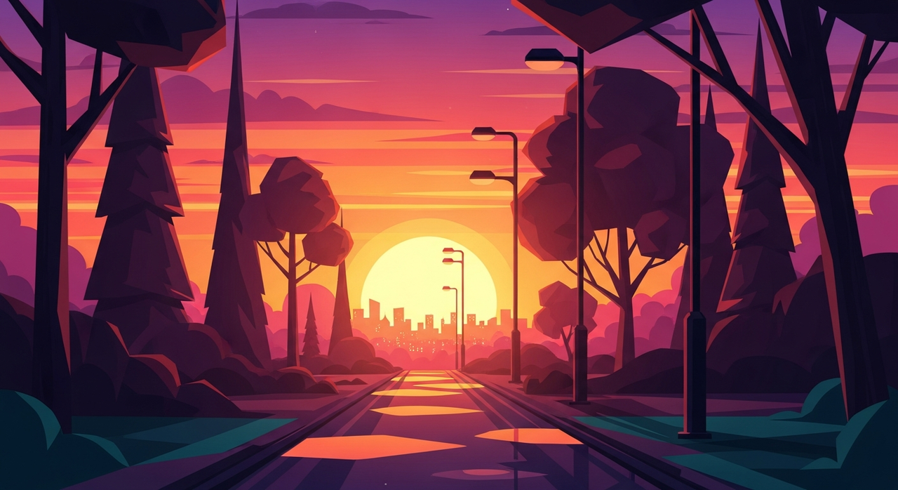 A quiet park path winding through stylized trees at dusk, with distant city lights.