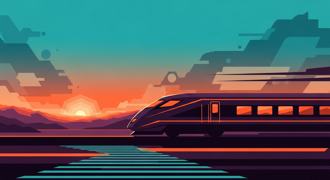 A sleek high-speed train speeding through a stylized landscape at sunset.