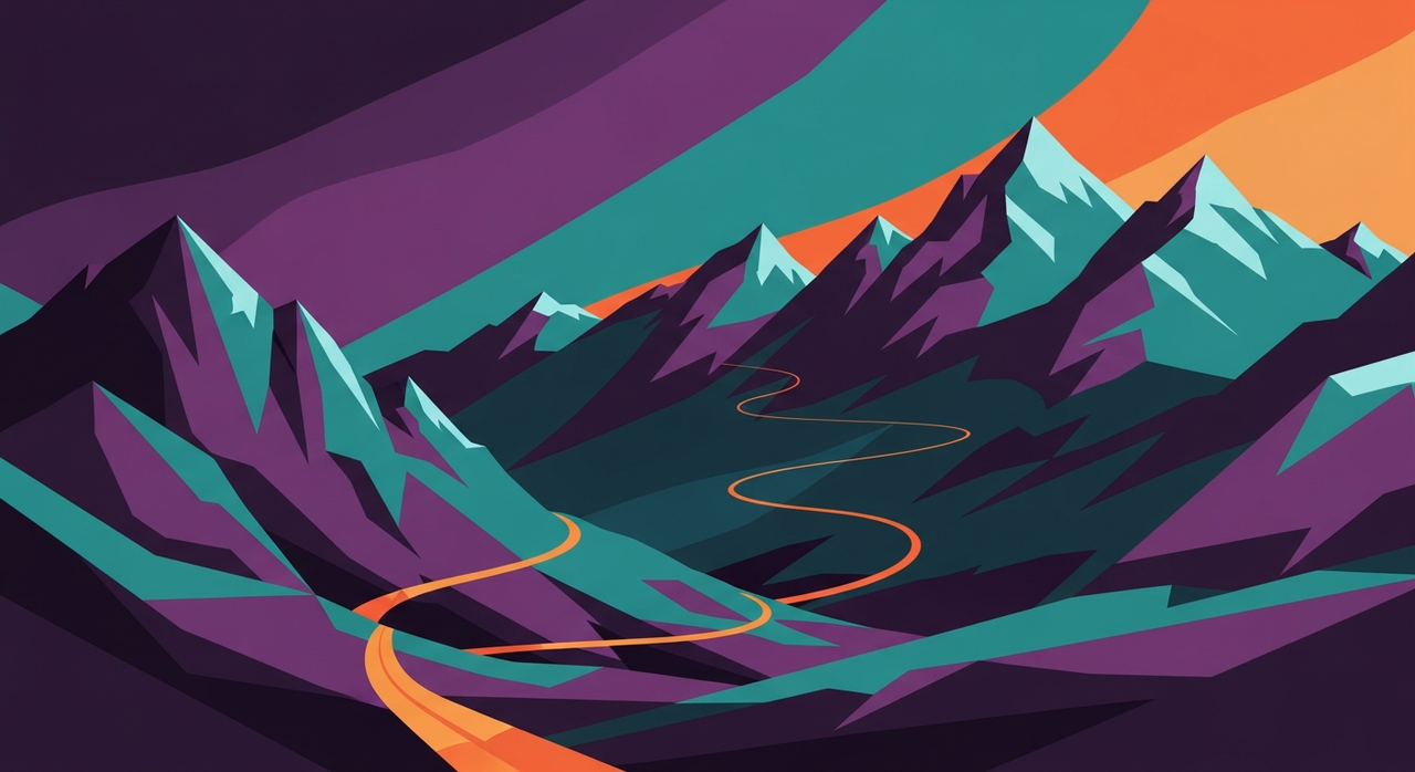 A winding road through a majestic mountain range under a colorful sky.
