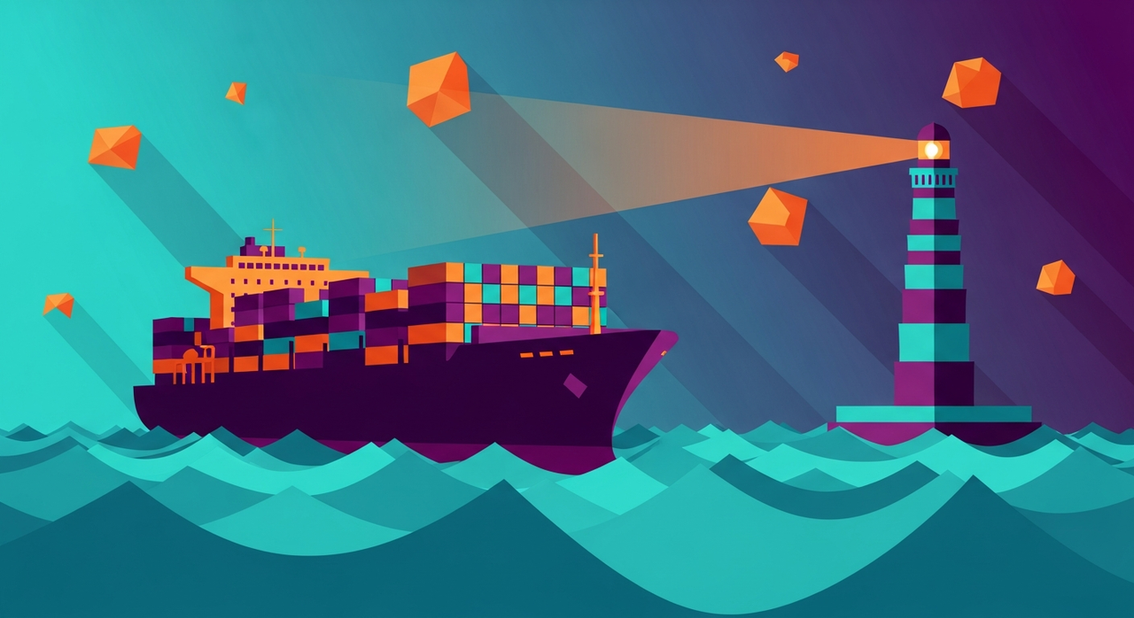 A large cargo ship sailing on geometric waves toward a stylized lighthouse.