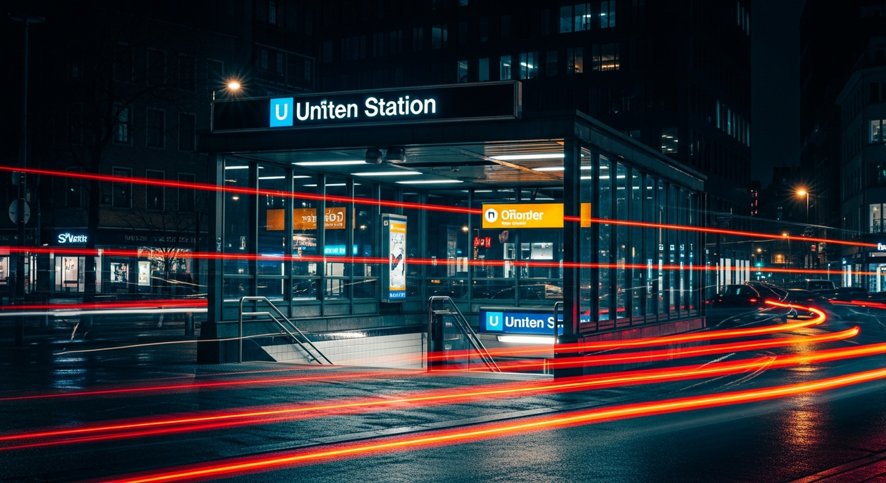 A long-exposure photograph of a bustling subway entrance at night, with light trails.