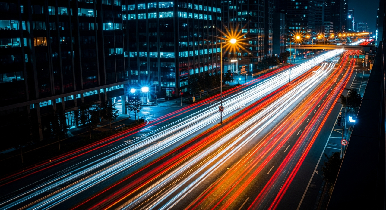 An elevated view of a city street at night, with vivid light trails from vehicles.