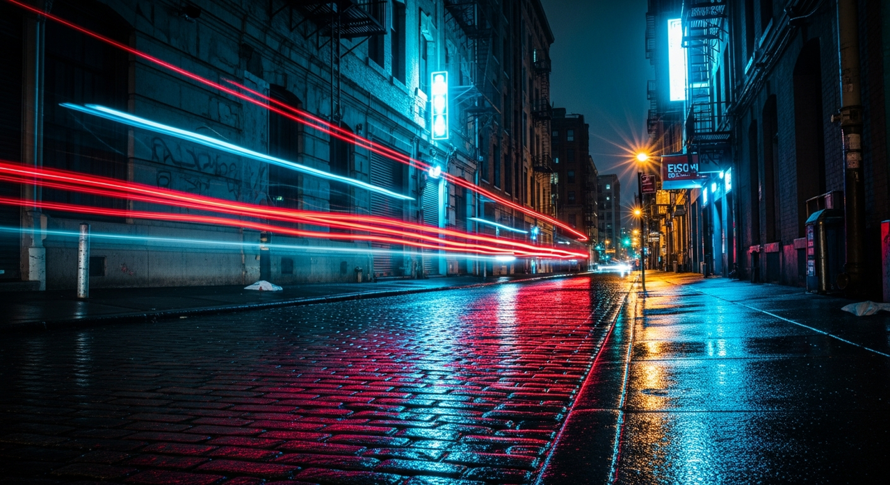 A detailed view of a rain-slicked city alley at night, reflecting neon and streetlights.