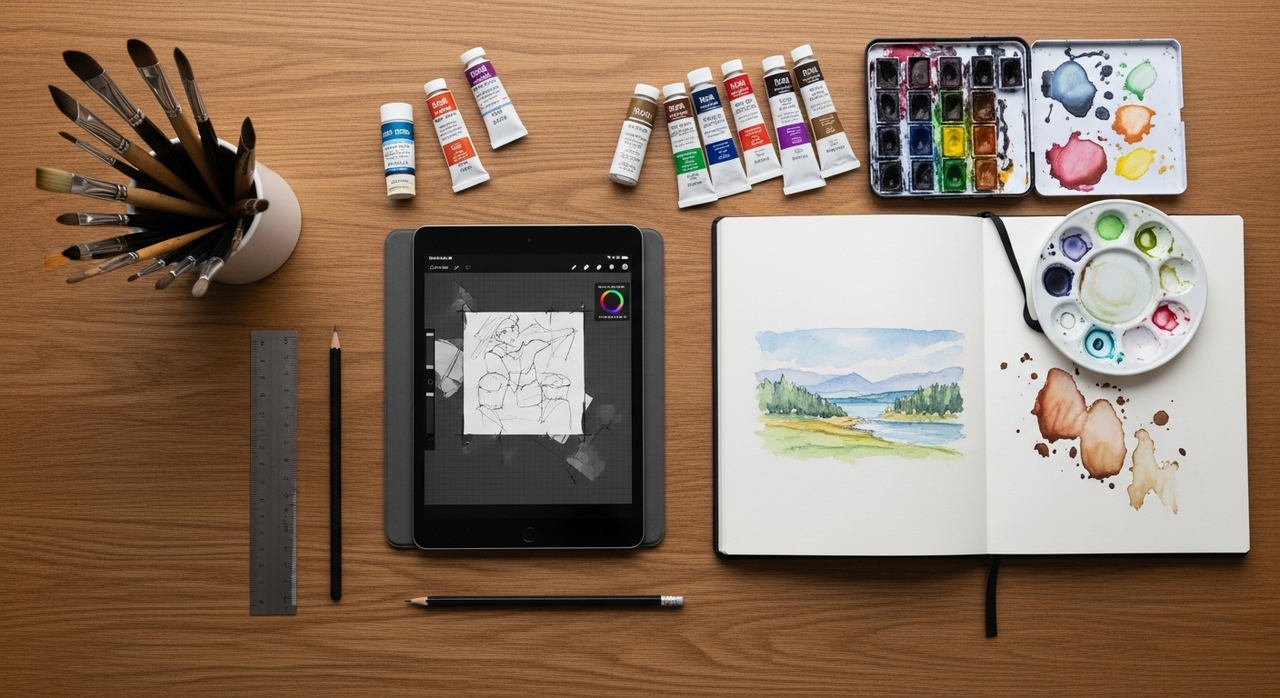 An overhead shot of a neatly arranged artist's desk with paints, brushes, and a sketchpad.