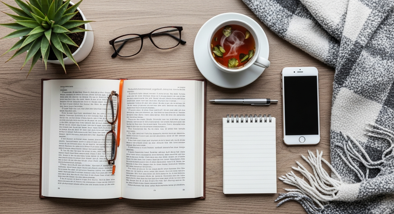 A top-down view of a cozy reading corner with an open book, glasses, and warm beverage.