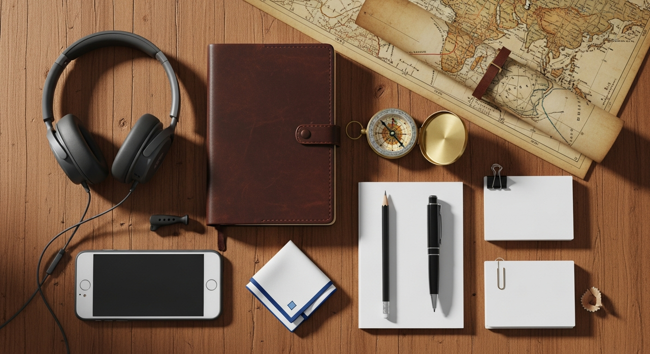 An organized collection of vintage travel essentials including a map, compass, and leather journal.