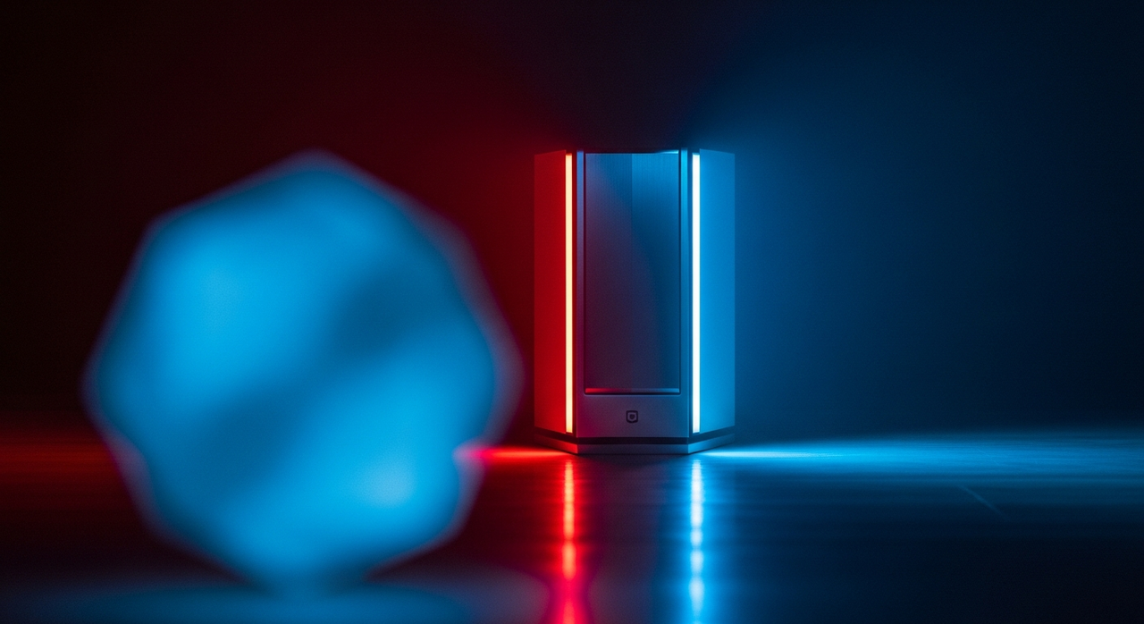 A futuristic, minimalist speaker with metallic accents, casting subtle reflections on a dark floor.