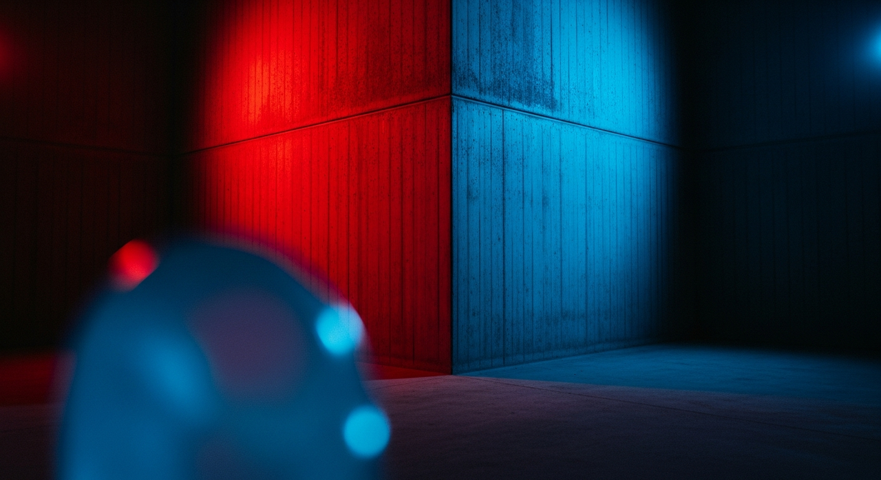 A concrete brutalist building corner, sharp lines highlighted by strong red and blue lights.
