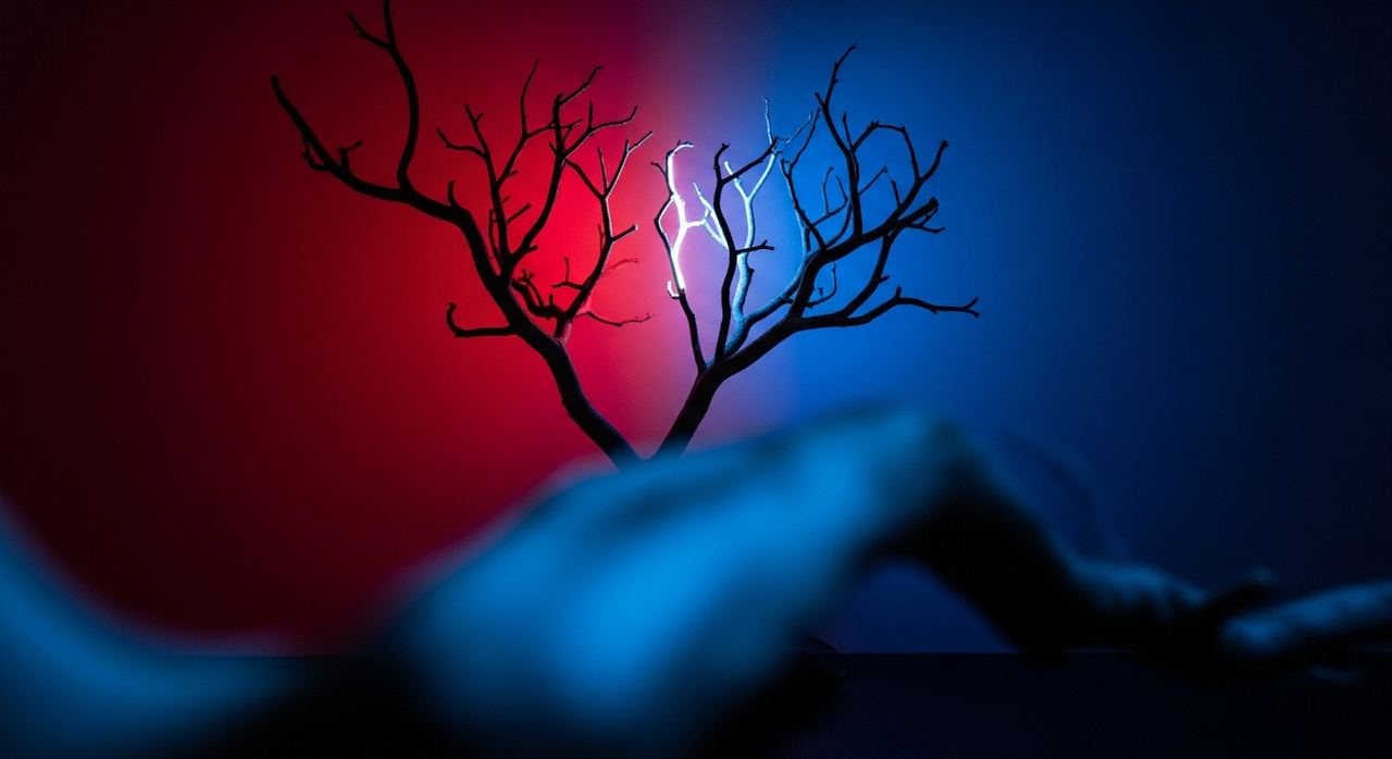 A stylized, sculptural dry tree branch positioned against a backdrop of deep red and blue light.
