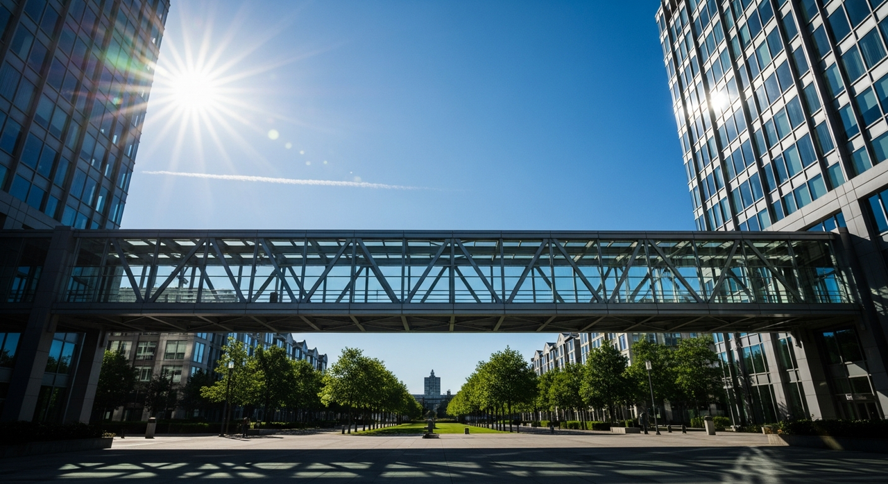 Wide shot of a modern, open-air pedestrian bridge connecting two glass-fronted skyscrapers.
