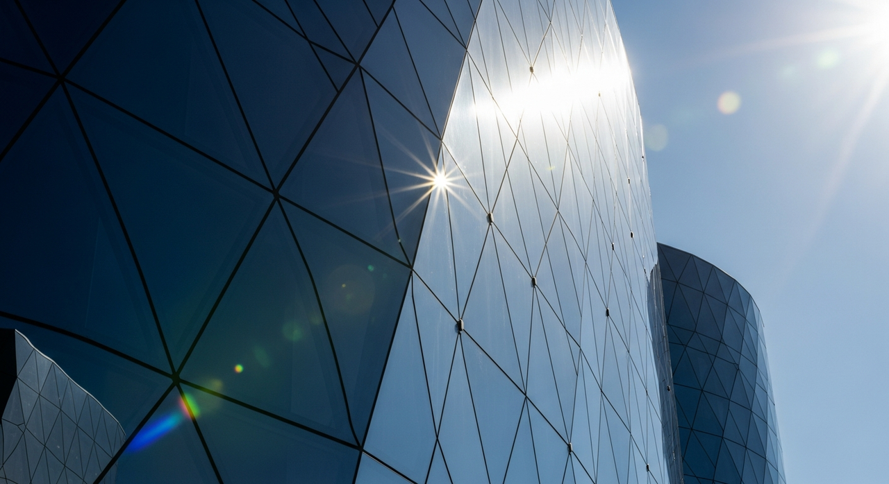 Close-up view of a sleek, reflective building facade with geometric patterns and sunlight.