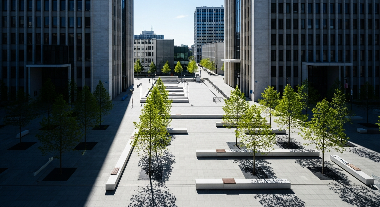 Overhead view of a public plaza with minimalist benches, trees, and tall modern buildings.