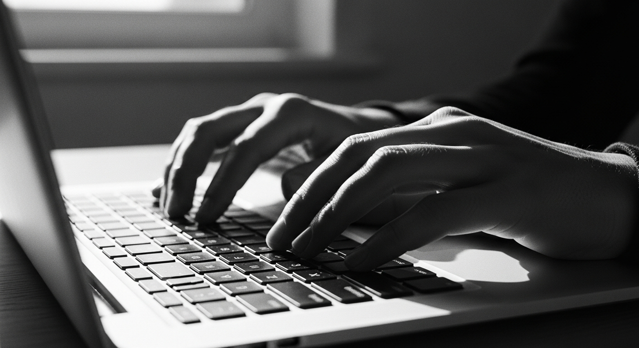 Close-up of hands typing on a laptop keyboard with a blurred background.