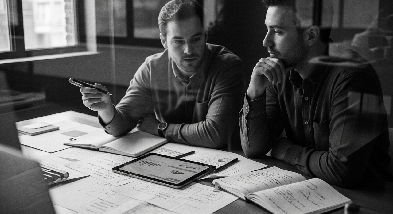 Two people discussing ideas over a tablet and notebooks at a modern table.