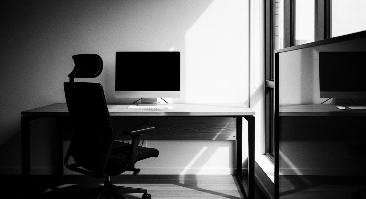 An empty, minimalist modern office desk with a computer and chair by a window.