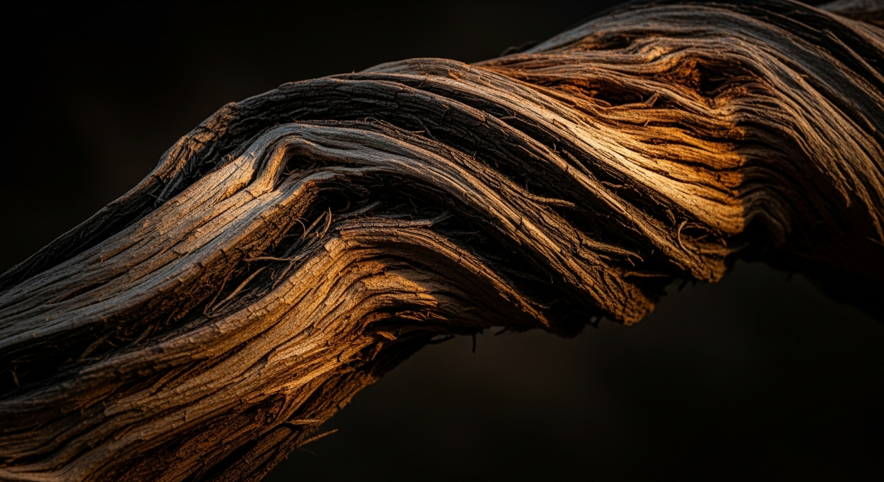 A weathered, gnarled tree branch with deep bark textures against a dark background.