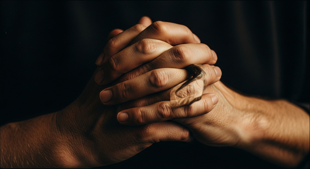Two hands gently clasped, showing intricate skin lines and subtle imperfections.