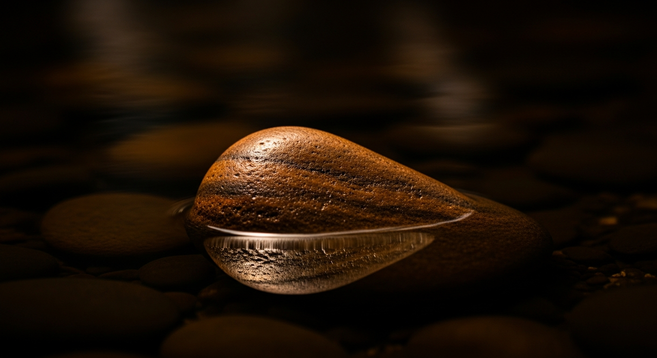 A single, smooth river stone partially submerged in dark, still water, showing reflections.