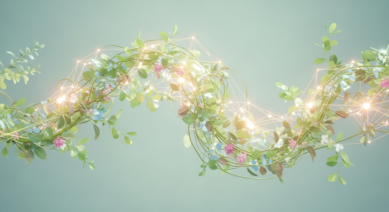 An intricate neural network forming a delicate, glowing web among soft botanical elements.