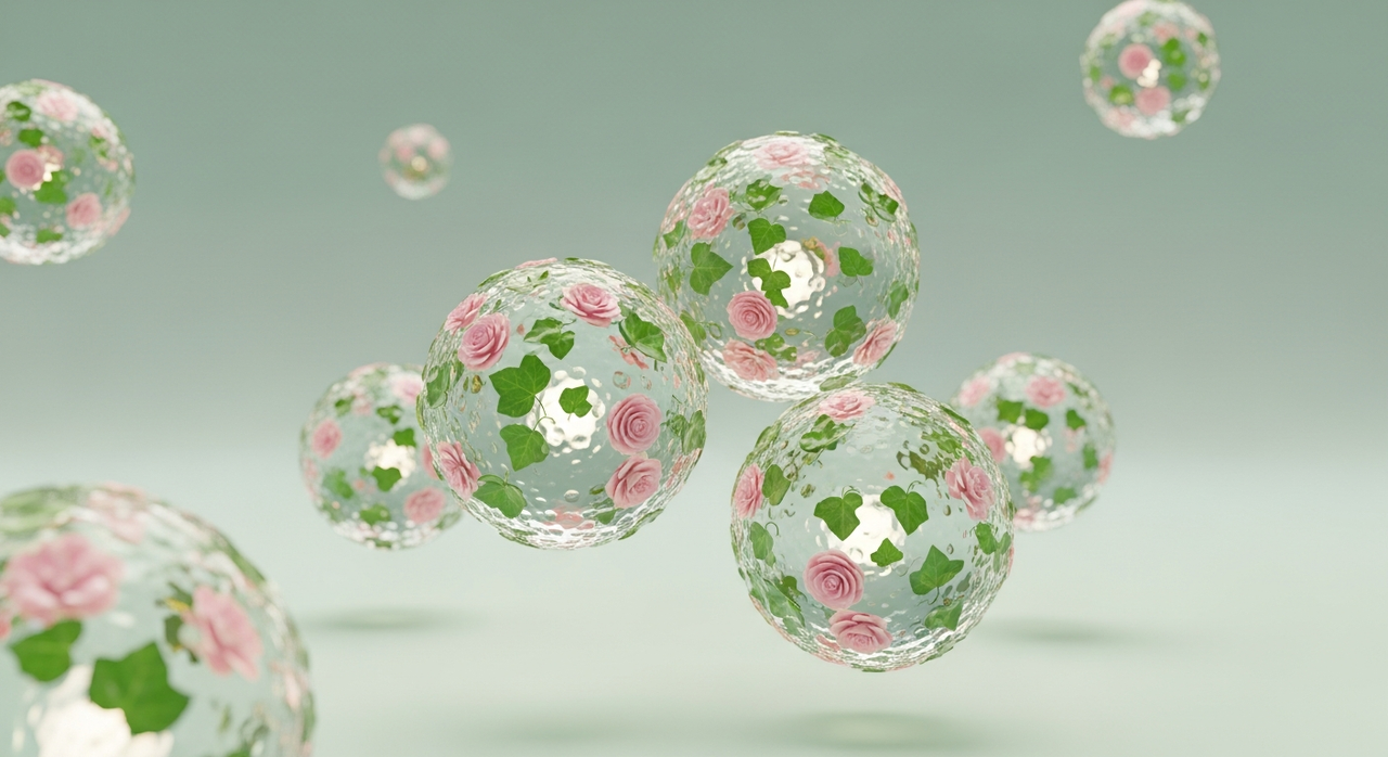 A cluster of stylized biological cells, adorned with tiny petals and leaves, floating serenely.