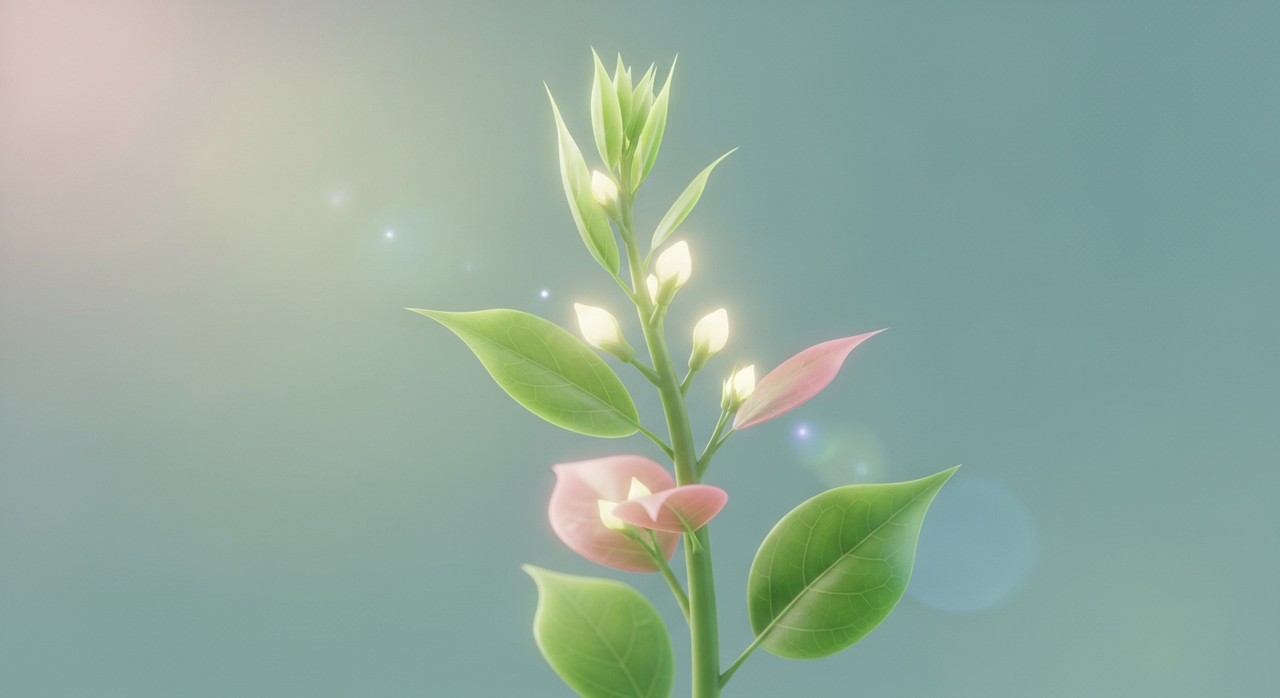 A delicate plant stem with nascent buds and leaves, subtly glowing, against a light background.