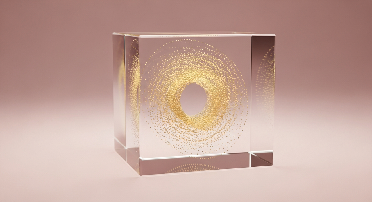 Abstract golden particles forming a swirling vortex within a transparent cubic grid.