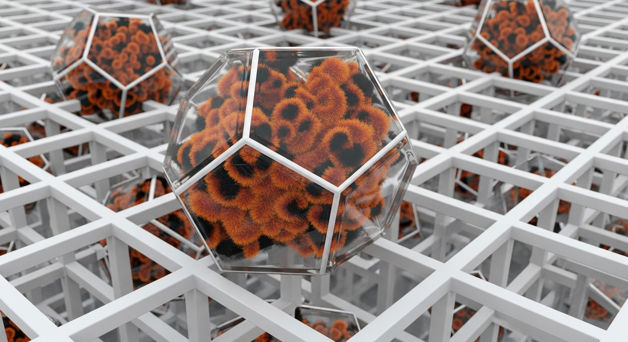 Interconnected geometric structures with fuzzy orange and black segments inside a grid.