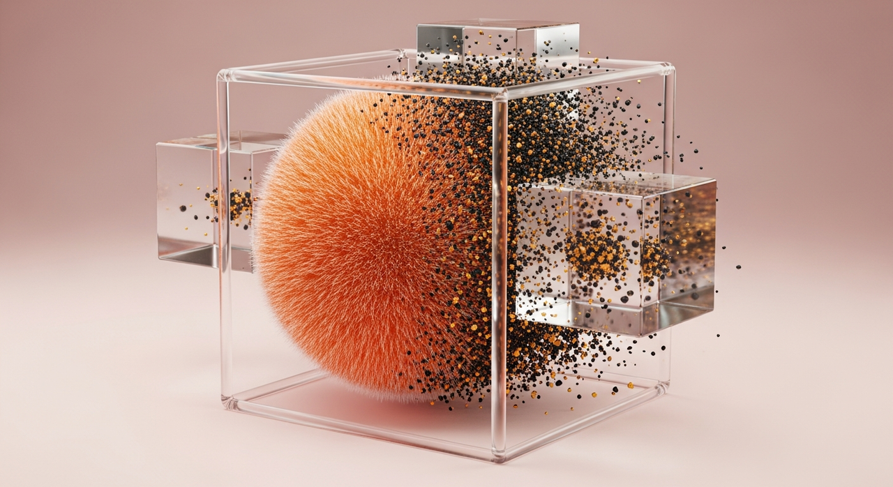 A central fuzzy orange sphere partially dissolving into black and gold particles within a grid.