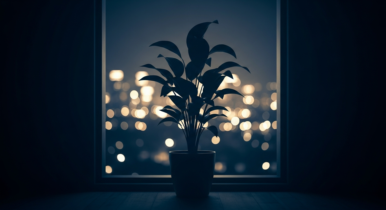 A solitary potted plant on a windowsill, silhouetted against a softly lit city street.