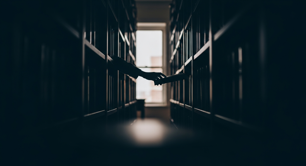 A hand reaching for a book on a shelf, silhouetted by a distant window light.