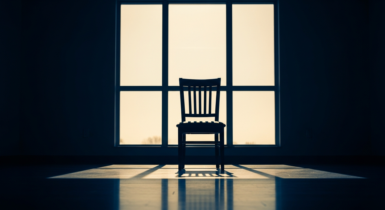 An empty chair in a quiet room, silhouetted by soft light from a large window.