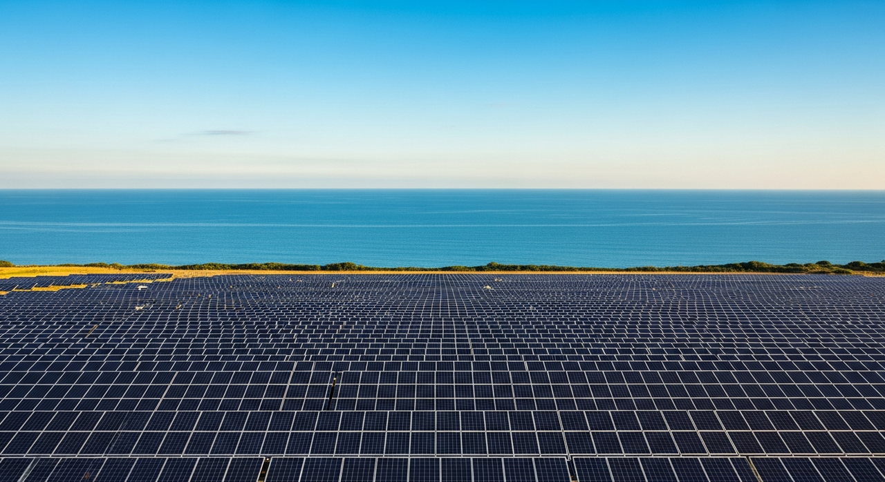 A field of solar panels stretching towards a distant horizon under a clear sky.