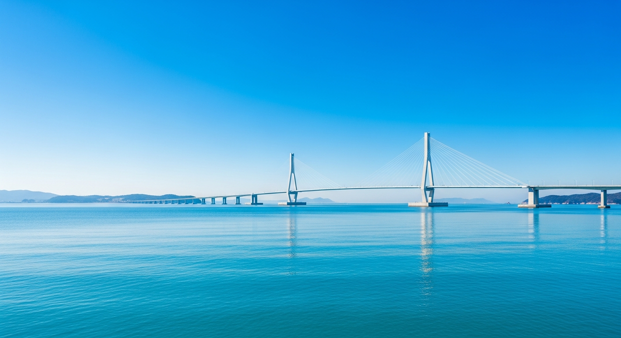 A sleek, modern suspension bridge gracefully spanning a wide body of calm blue water.