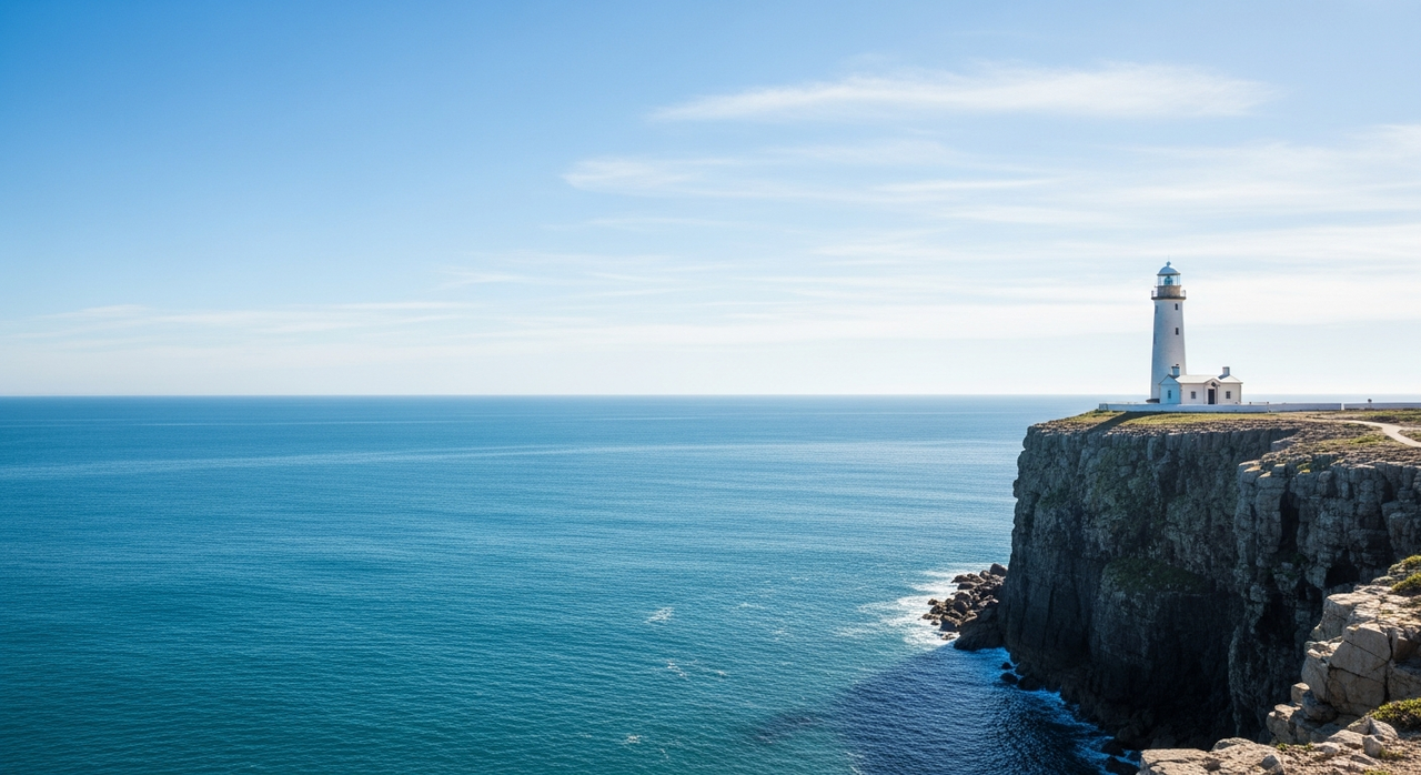 A solitary lighthouse standing tall on a rugged cliff overlooking a calm blue ocean.