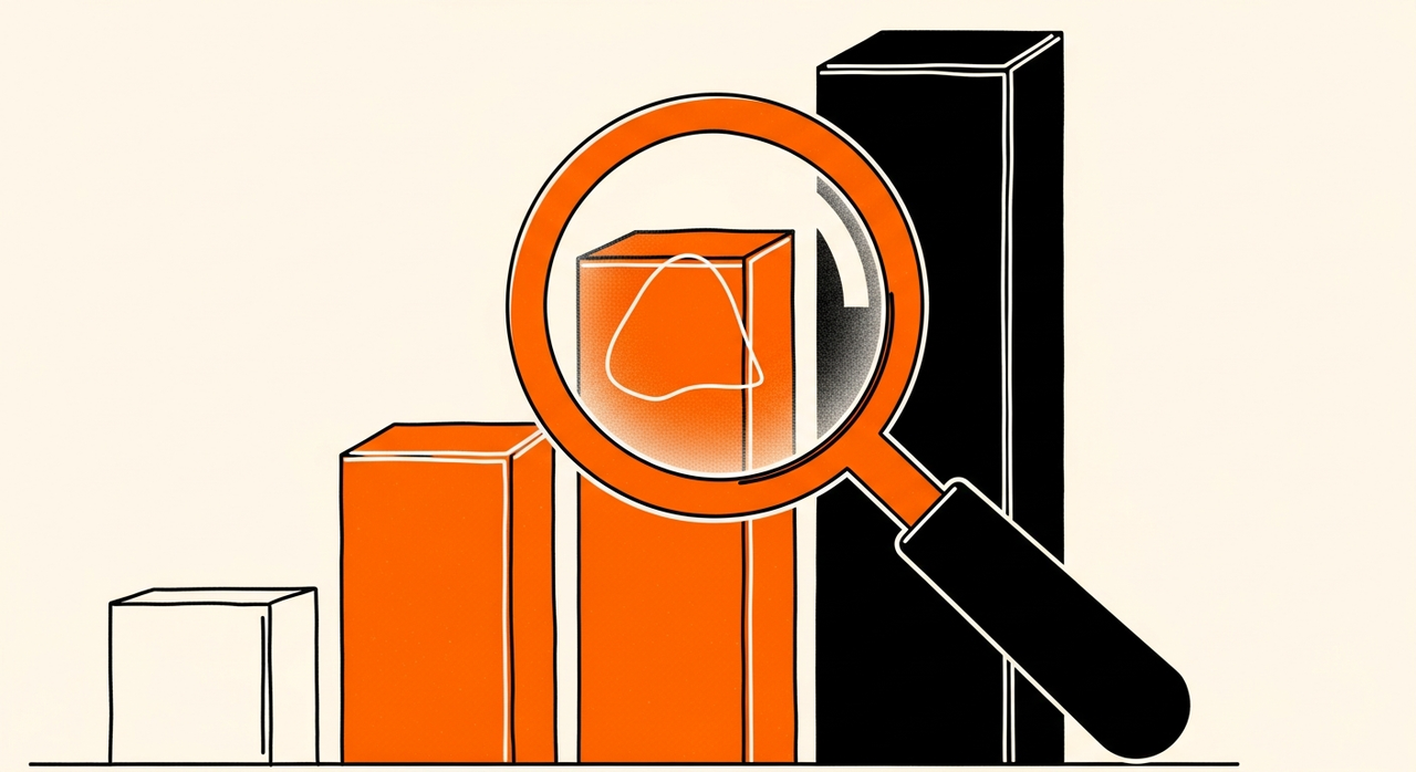 A stylized bar chart showing growth, with a magnifying glass examining one bar.