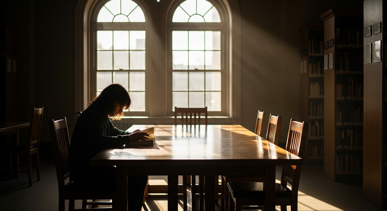 A person reading a book alone at a wooden table inside a sunlit library.