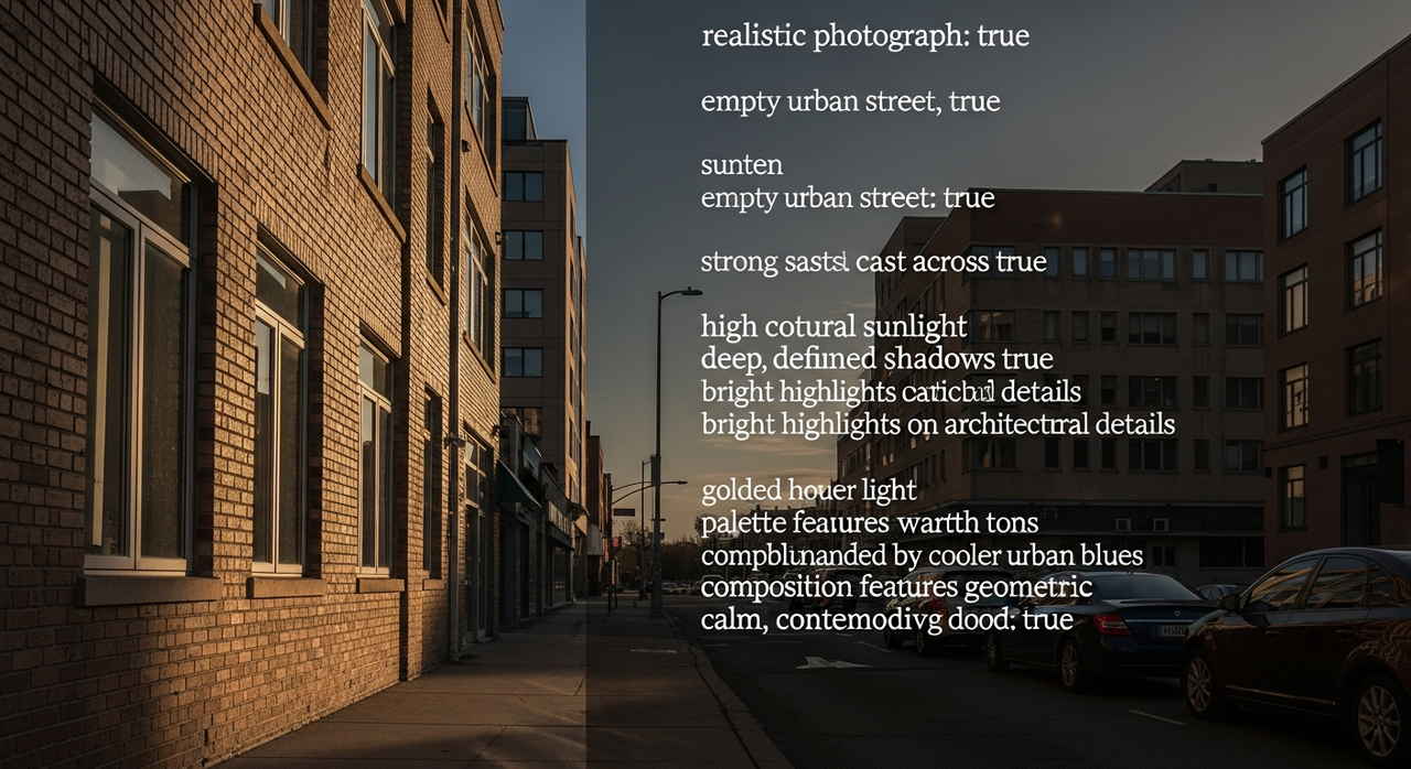 An empty urban street at sunset, with long shadows cast across the pavement.
