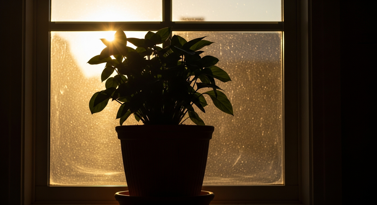 A potted plant on a windowsill, silhouetted against a brightly lit window.