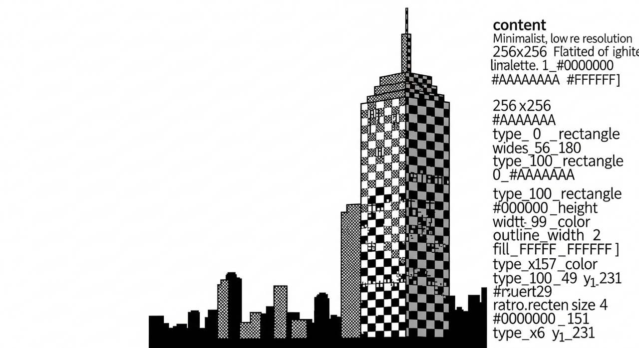 A minimalist pixel art representation of a skyscraper with a checkerboard pattern.
