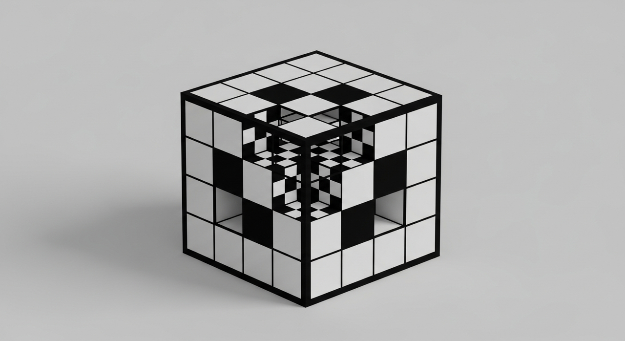 An abstract pixelated cube structure with an internal checkerboard pattern on a grey background.