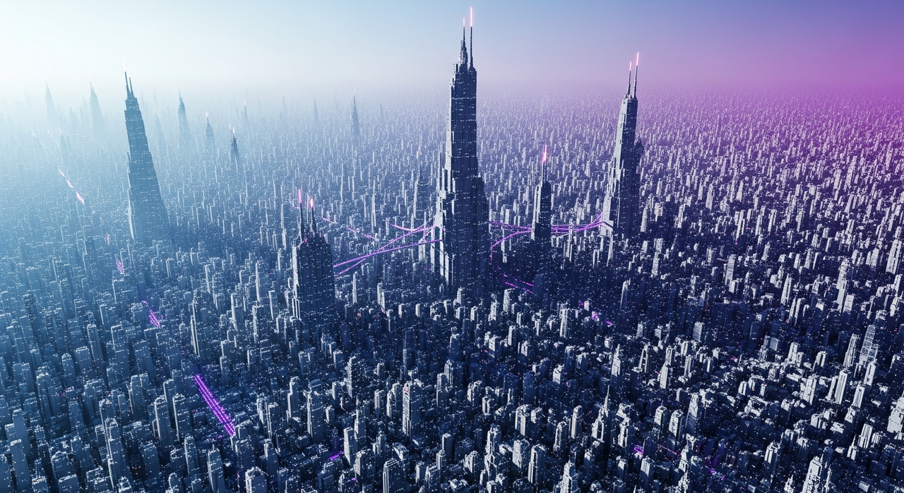 An aerial view of a futuristic city with towering voxel buildings and interconnected structures.