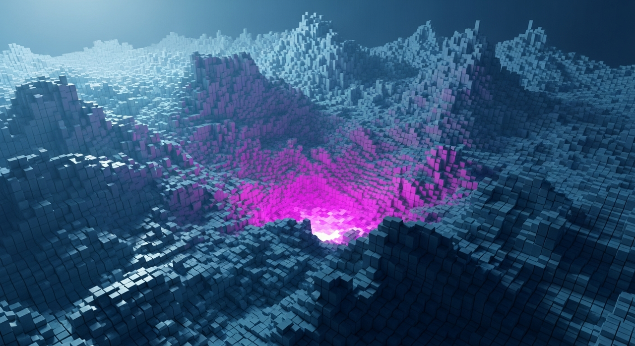 A close-up, elevated view of a voxel mountain range with deep valleys and sharp peaks.
