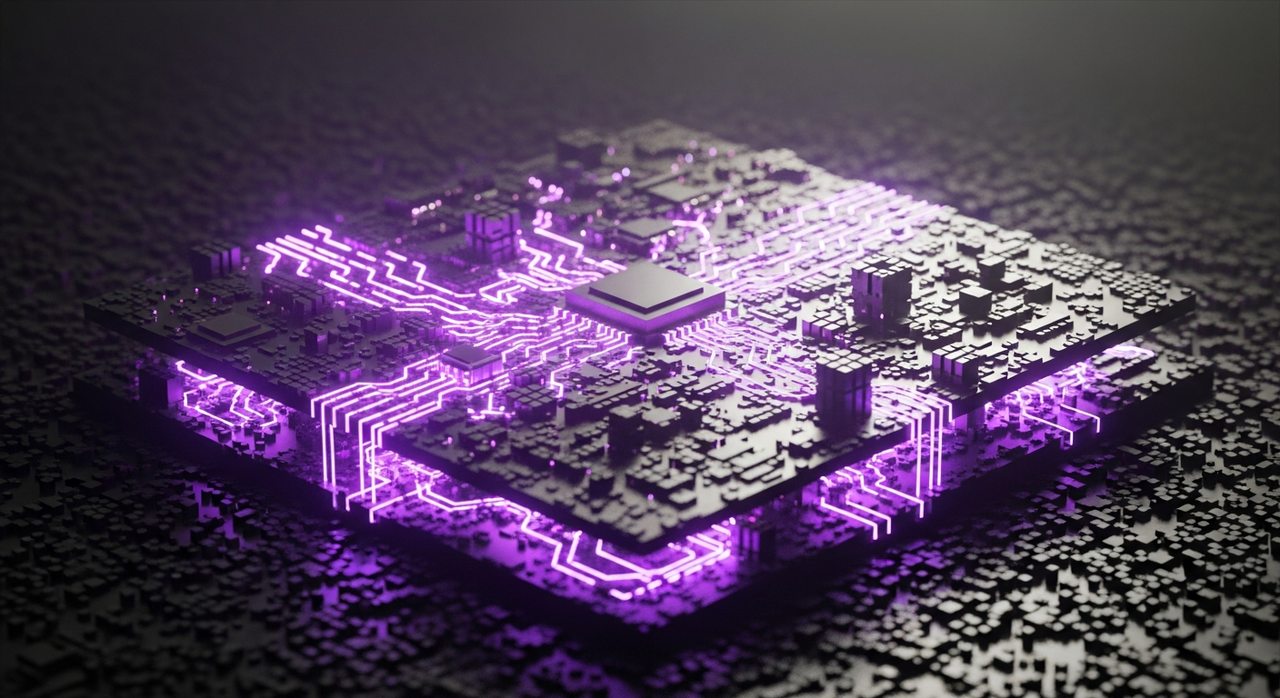 An intricate digital circuit board with glowing connections and tiny voxel components.