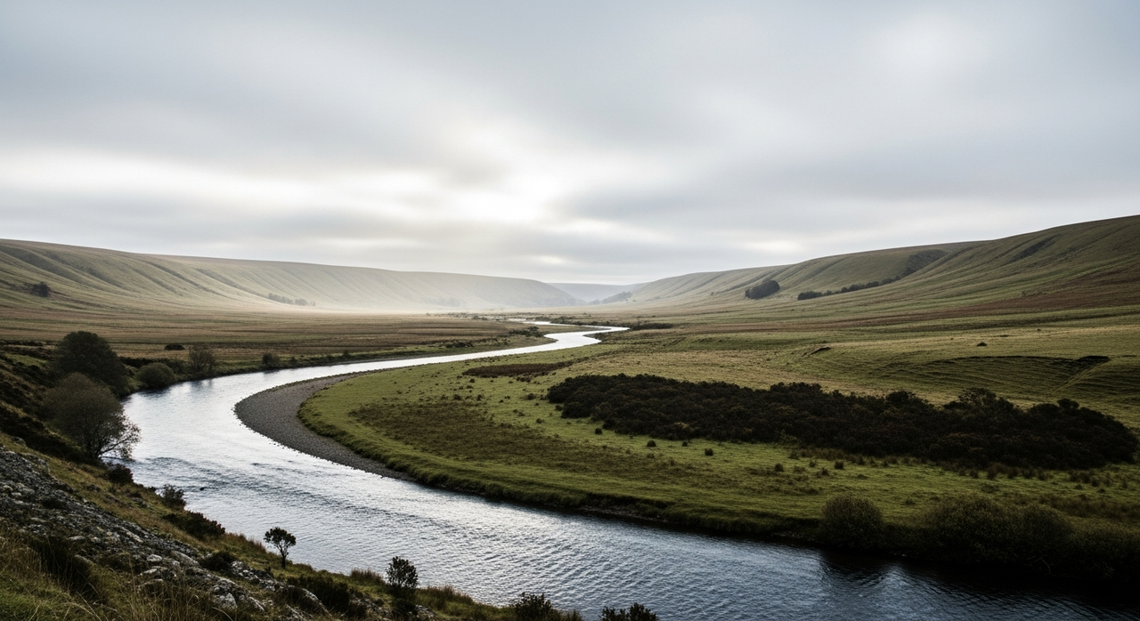 A winding river flowing through a wide, green valley under a cloudy sky.