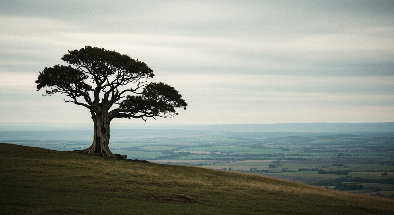 A solitary, gnarled tree standing on a gentle hill overlooking a vast plain.