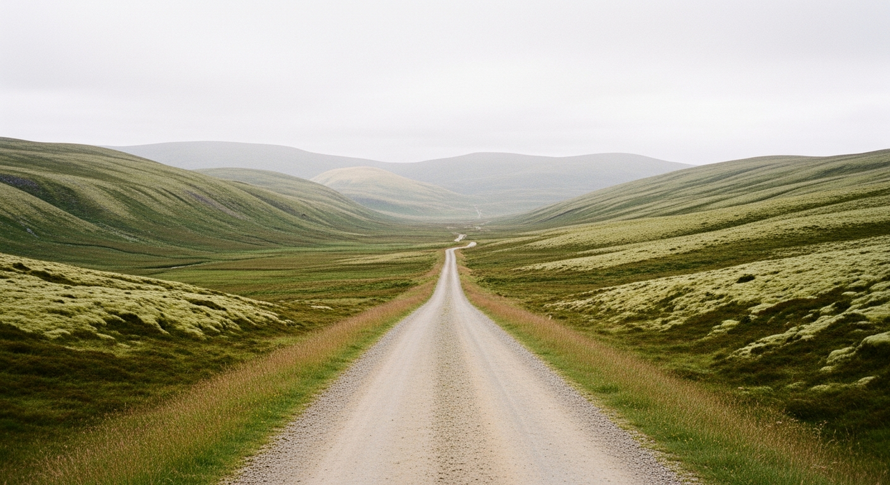 A long, unpaved road traversing an undulating green landscape towards distant hills.